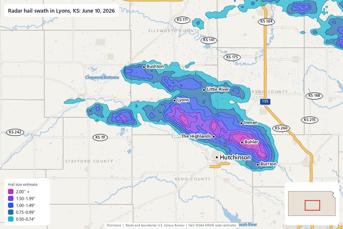 Radar-estimated hail swath in Lyons, KS on June 10, 2026; colors show estimated hail sizes