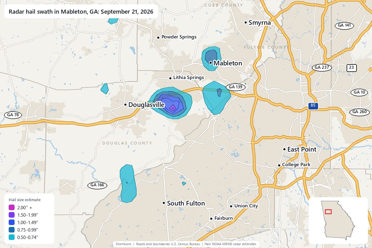 Radar-estimated hail swath in Mableton, GA on September 21, 2026; colors show estimated hail sizes