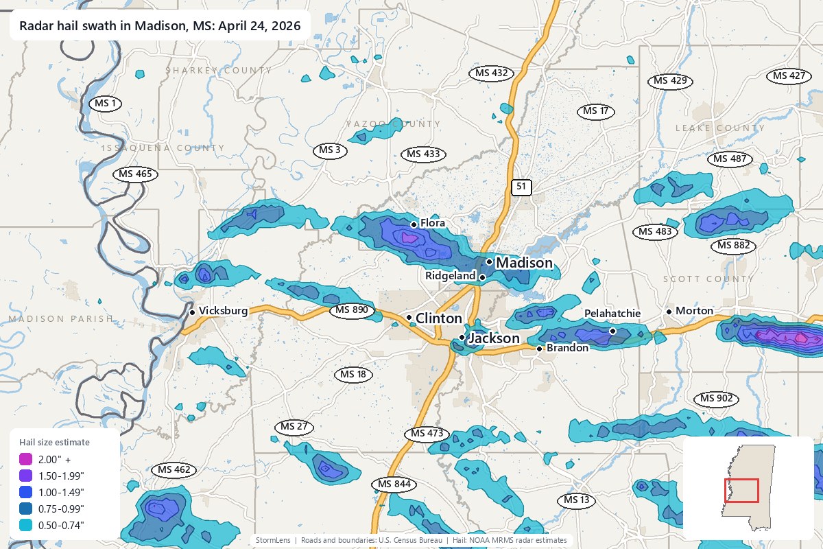 Radar-estimated hail swath in Madison, MS on April 24, 2026; colors show estimated hail sizes