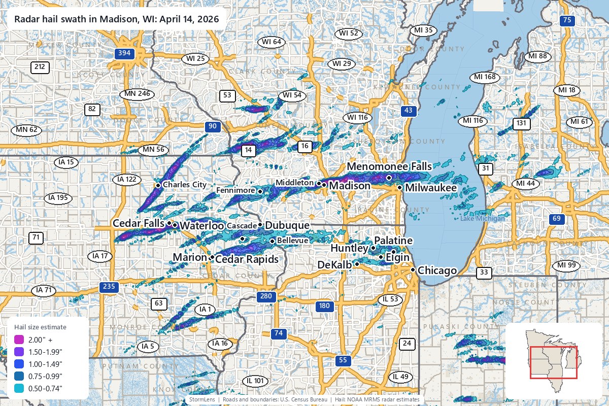 Radar-estimated hail swath in Madison, WI on April 14, 2026; colors show estimated hail sizes