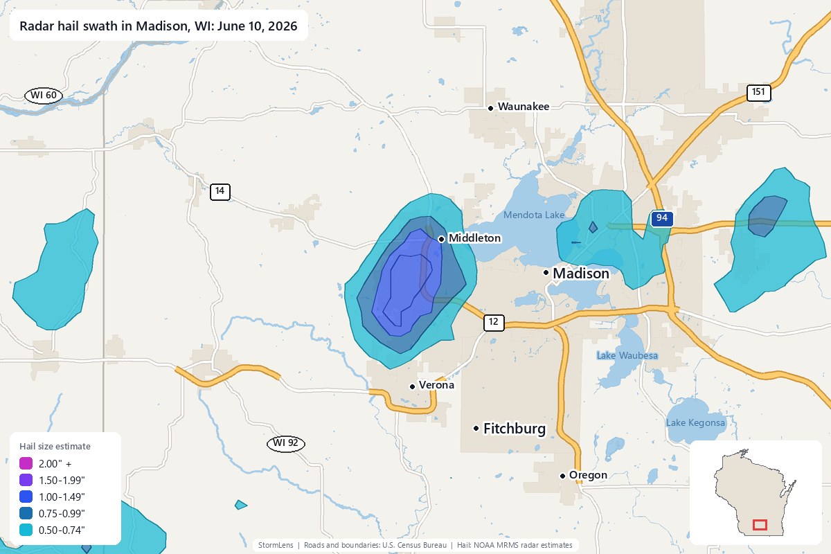 Radar-estimated hail swath in Madison, WI on June 10, 2026; colors show estimated hail sizes