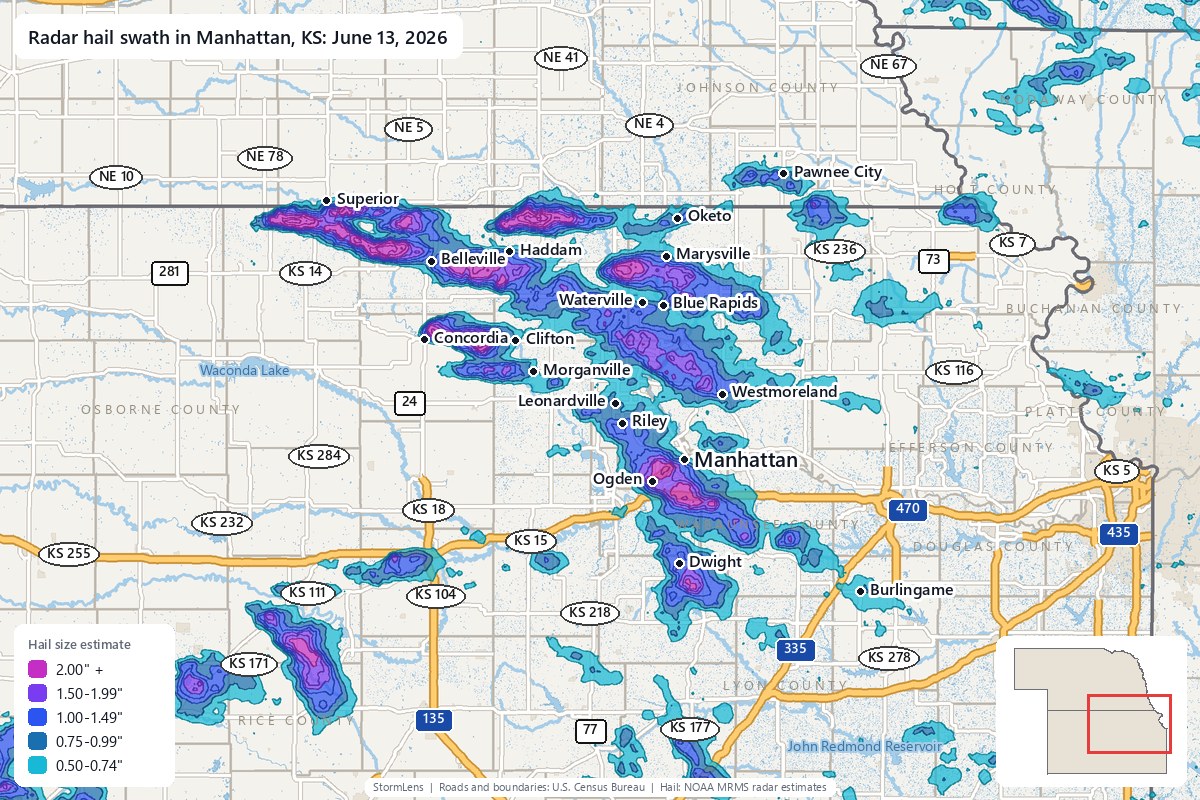 Radar-estimated hail swath in Manhattan, KS on June 13, 2026; colors show estimated hail sizes