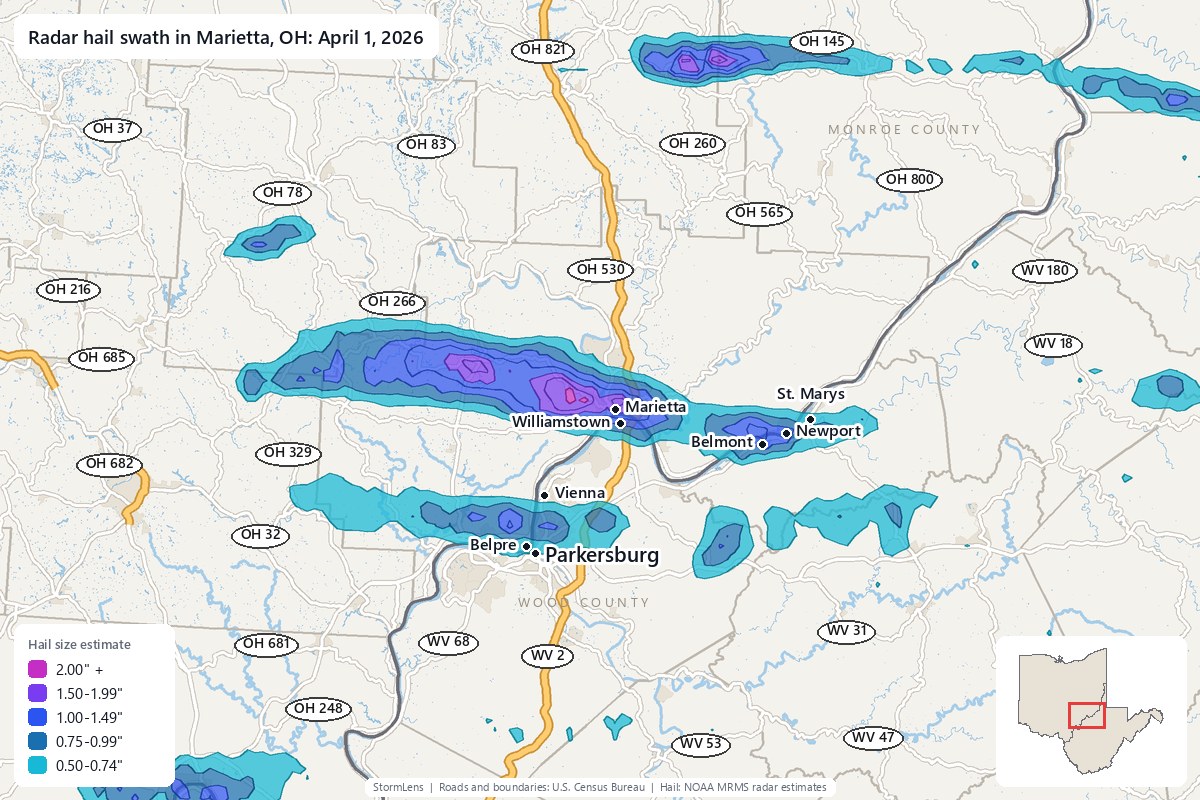 Radar-estimated hail swath in Marietta, OH on April 1, 2026; colors show estimated hail sizes