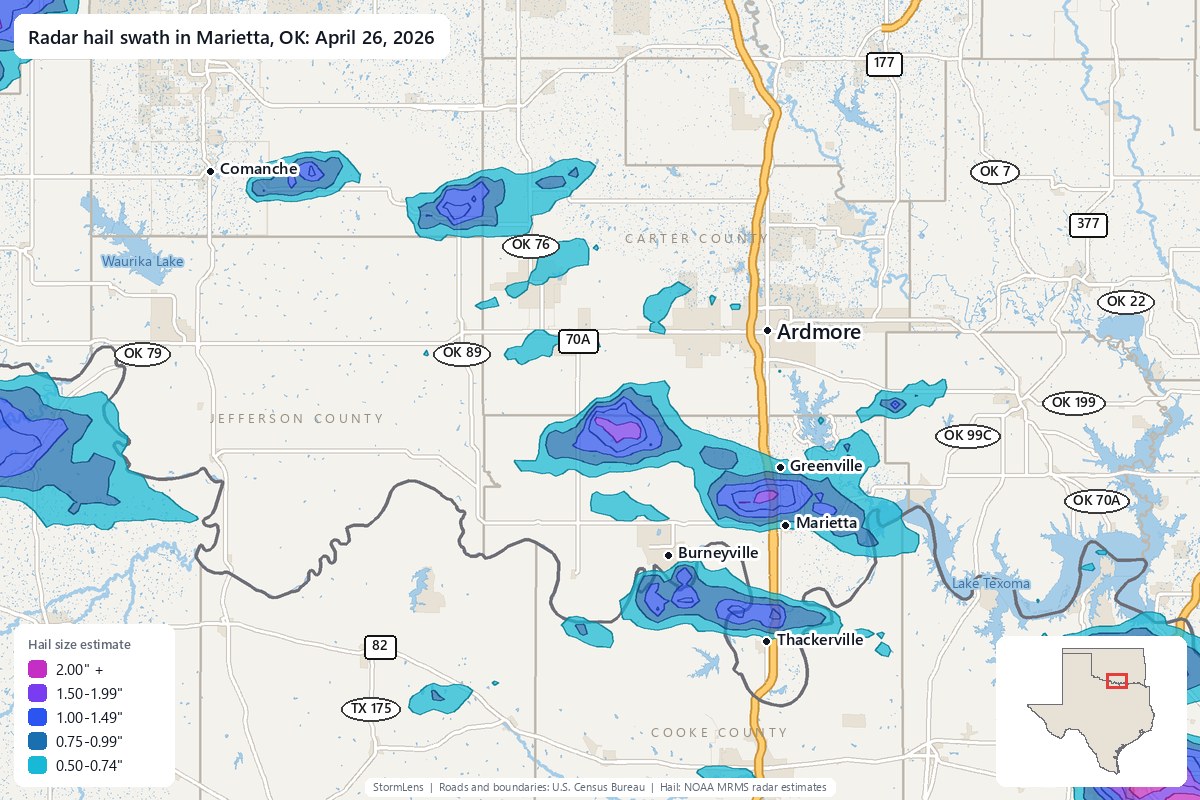 Radar-estimated hail swath in Marietta, OK on April 26, 2026; colors show estimated hail sizes