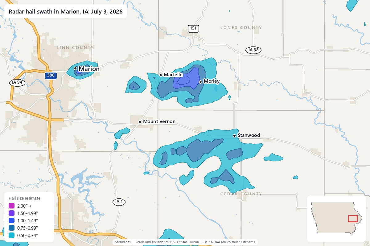 Radar-estimated hail swath in Marion, IA on July 3, 2026; colors show estimated hail sizes