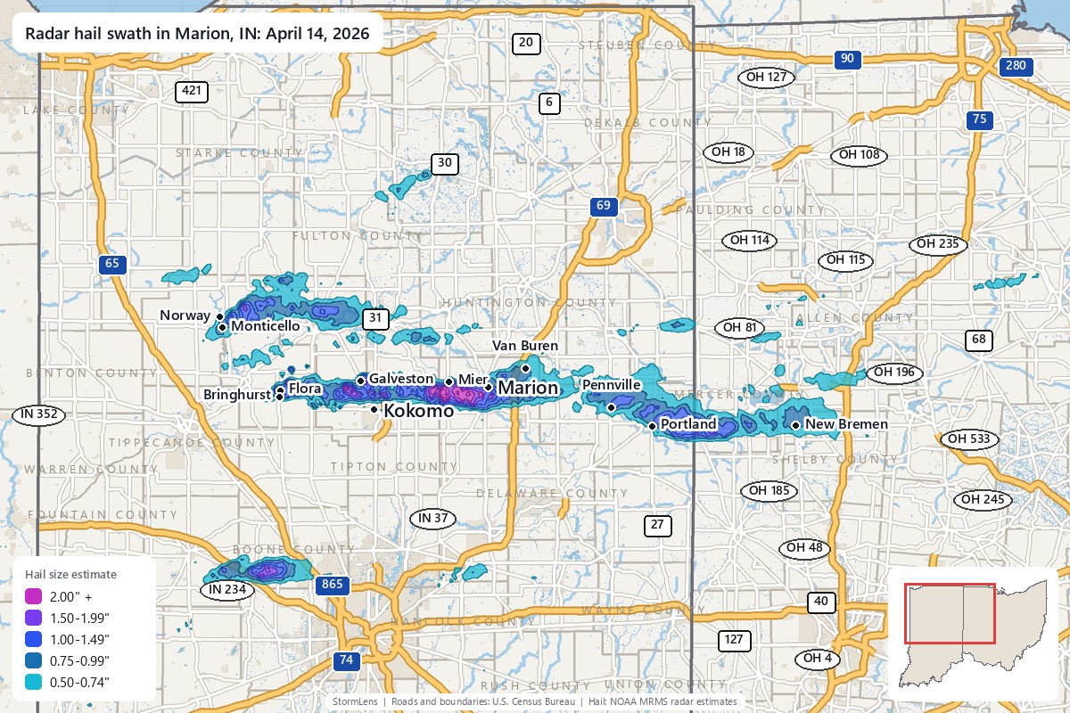 Radar-estimated hail swath in Marion, IN on April 14, 2026; colors show estimated hail sizes