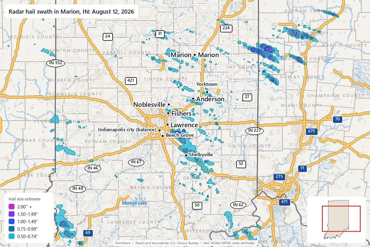 Radar-estimated hail swath in Marion, IN on August 12, 2026; colors show estimated hail sizes