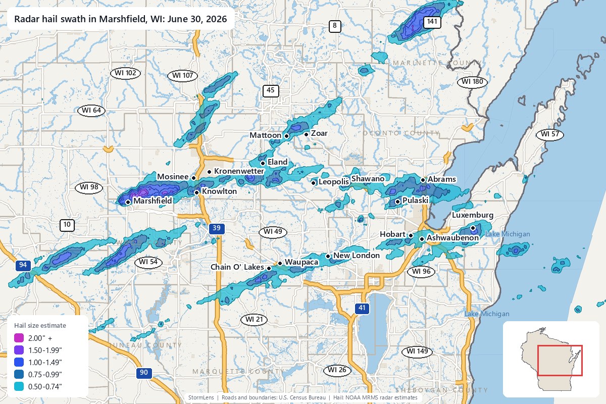 Radar-estimated hail swath in Marshfield, WI on June 30, 2026; colors show estimated hail sizes