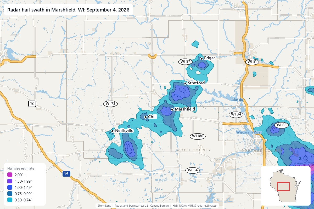Radar-estimated hail swath in Marshfield, WI on September 4, 2026; colors show estimated hail sizes