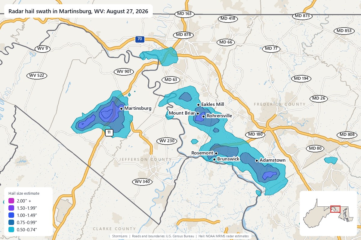 Radar-estimated hail swath in Martinsburg, WV on August 27, 2026; colors show estimated hail sizes