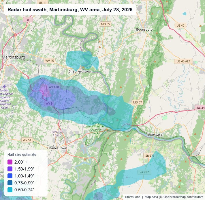 Radar-estimated hail swath near Martinsburg, WV on July 28, 2026; colors show estimated hail sizes