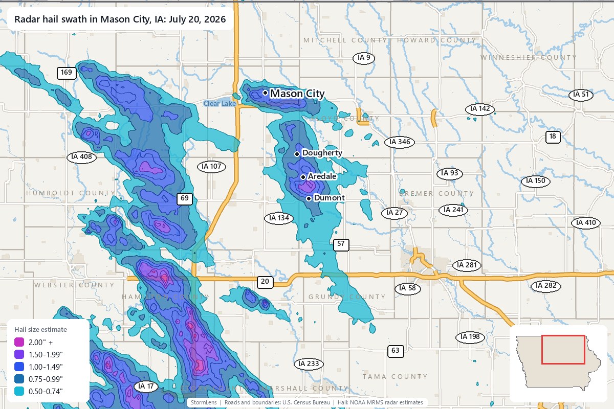 Radar-estimated hail swath in Mason City, IA on July 20, 2026; colors show estimated hail sizes