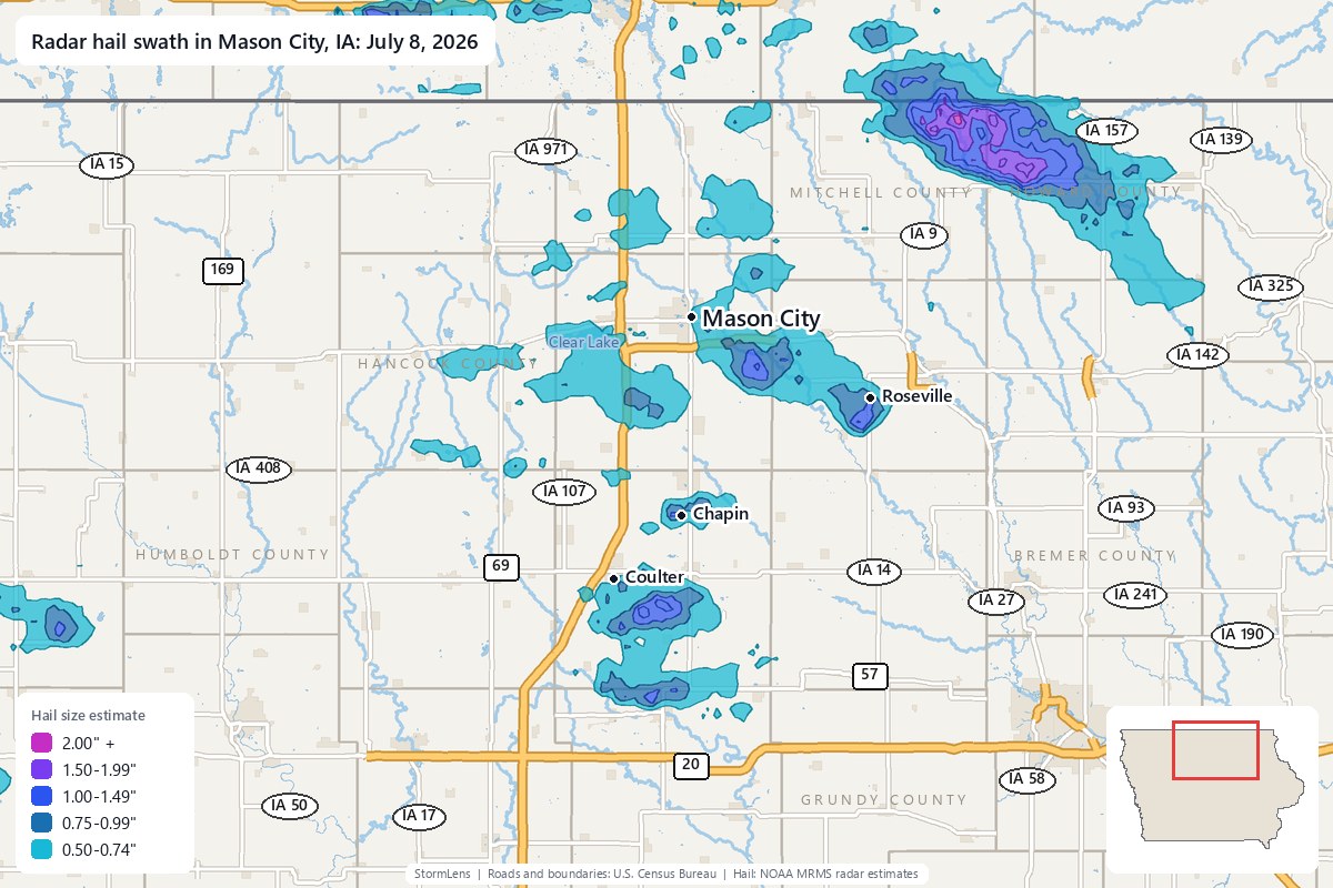 Radar-estimated hail swath in Mason City, IA on July 8, 2026; colors show estimated hail sizes