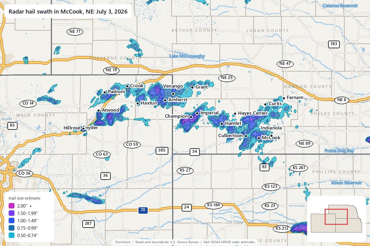 Radar-estimated hail swath in McCook, NE on July 3, 2026; colors show estimated hail sizes