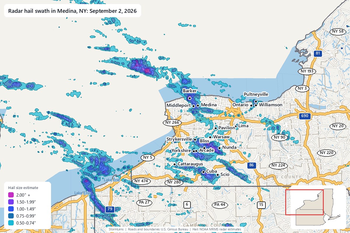 Radar-estimated hail swath in Medina, NY on September 2, 2026; colors show estimated hail sizes