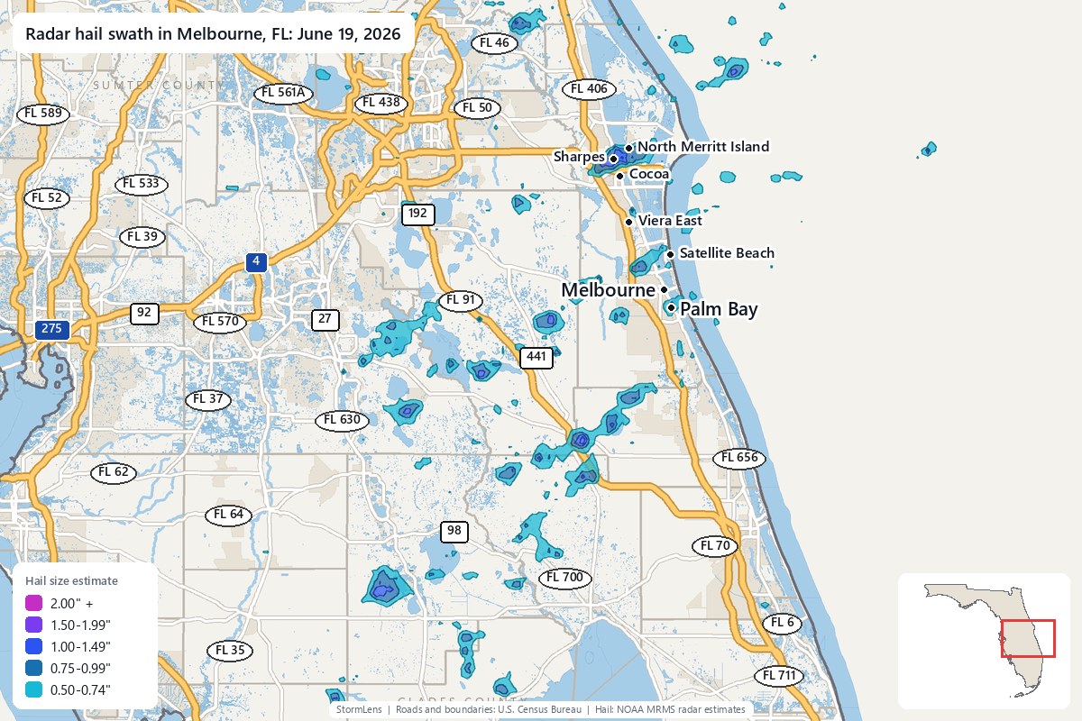 Radar-estimated hail swath in Melbourne, FL on June 19, 2026; colors show estimated hail sizes