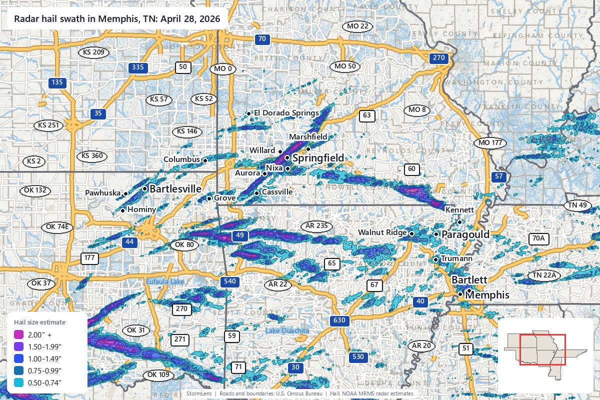 Radar-estimated hail swath in Memphis, TN on April 28, 2026; colors show estimated hail sizes