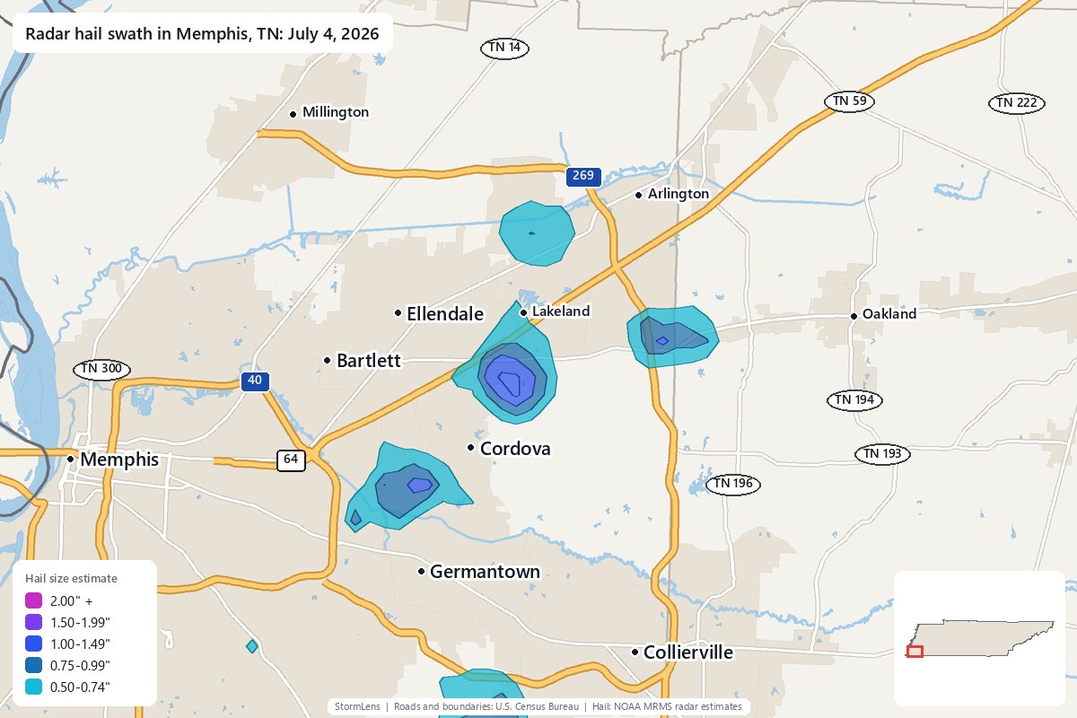 Radar-estimated hail swath in Memphis, TN on July 4, 2026; colors show estimated hail sizes