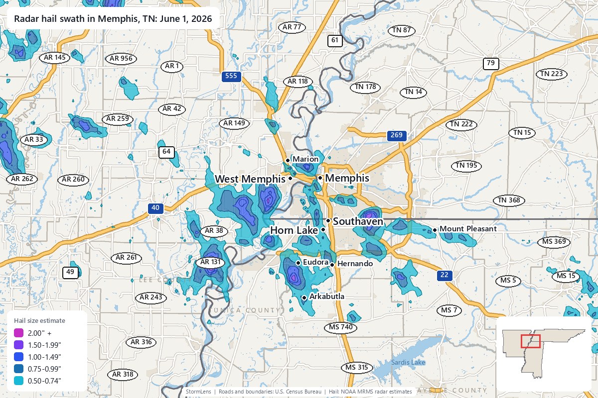 Radar-estimated hail swath in Memphis, TN on June 1, 2026; colors show estimated hail sizes