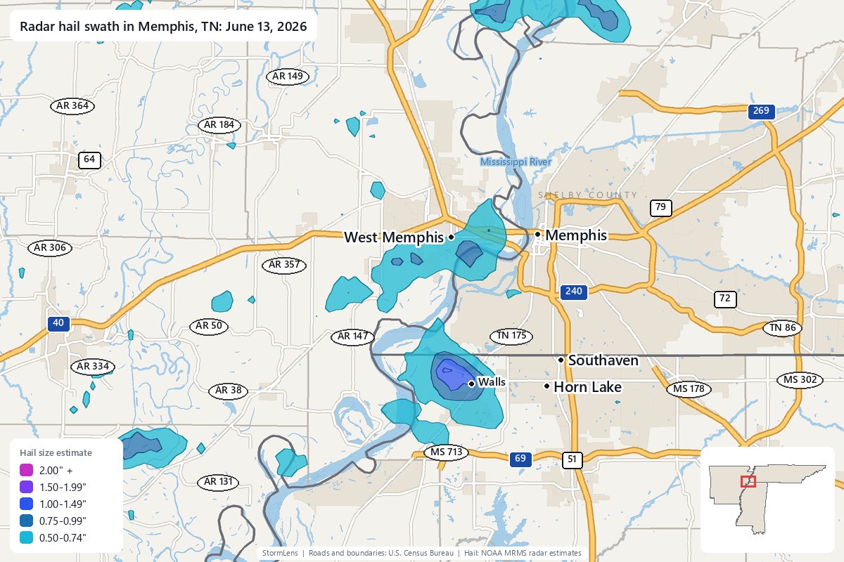 Radar-estimated hail swath in Memphis, TN on June 13, 2026; colors show estimated hail sizes