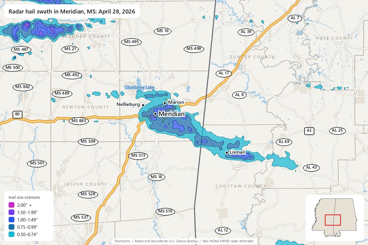Radar-estimated hail swath in Meridian, MS on April 28, 2026; colors show estimated hail sizes