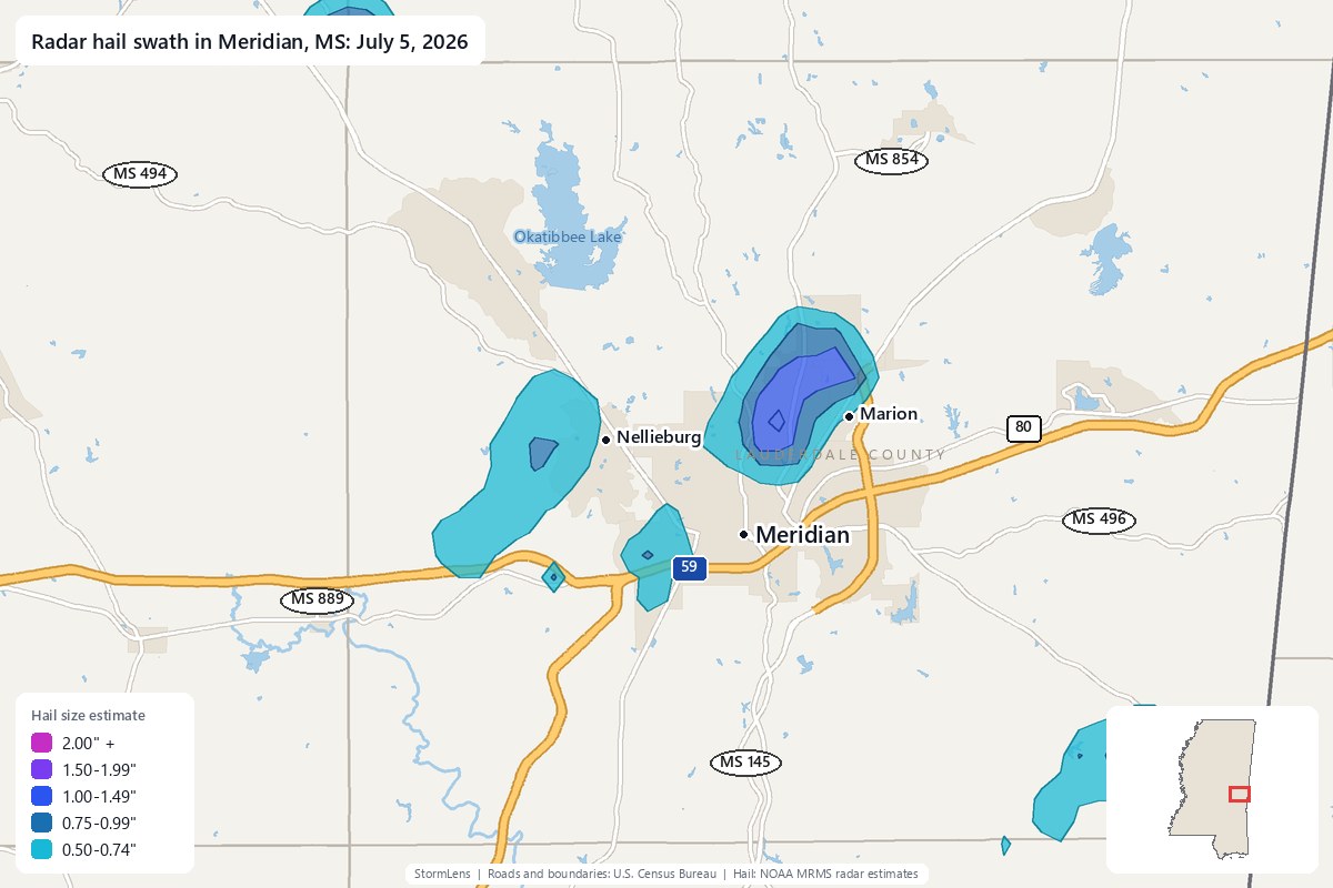 Radar-estimated hail swath in Meridian, MS on July 5, 2026; colors show estimated hail sizes