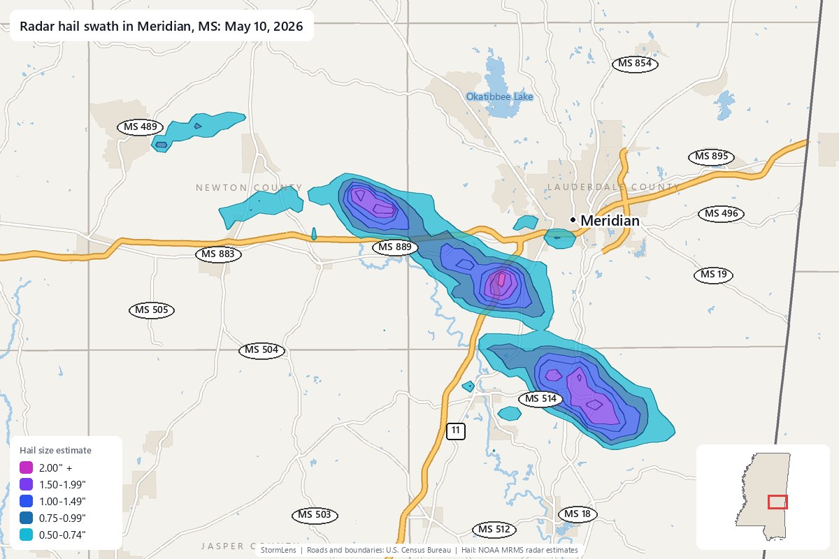 Radar-estimated hail swath in Meridian, MS on May 10, 2026; colors show estimated hail sizes