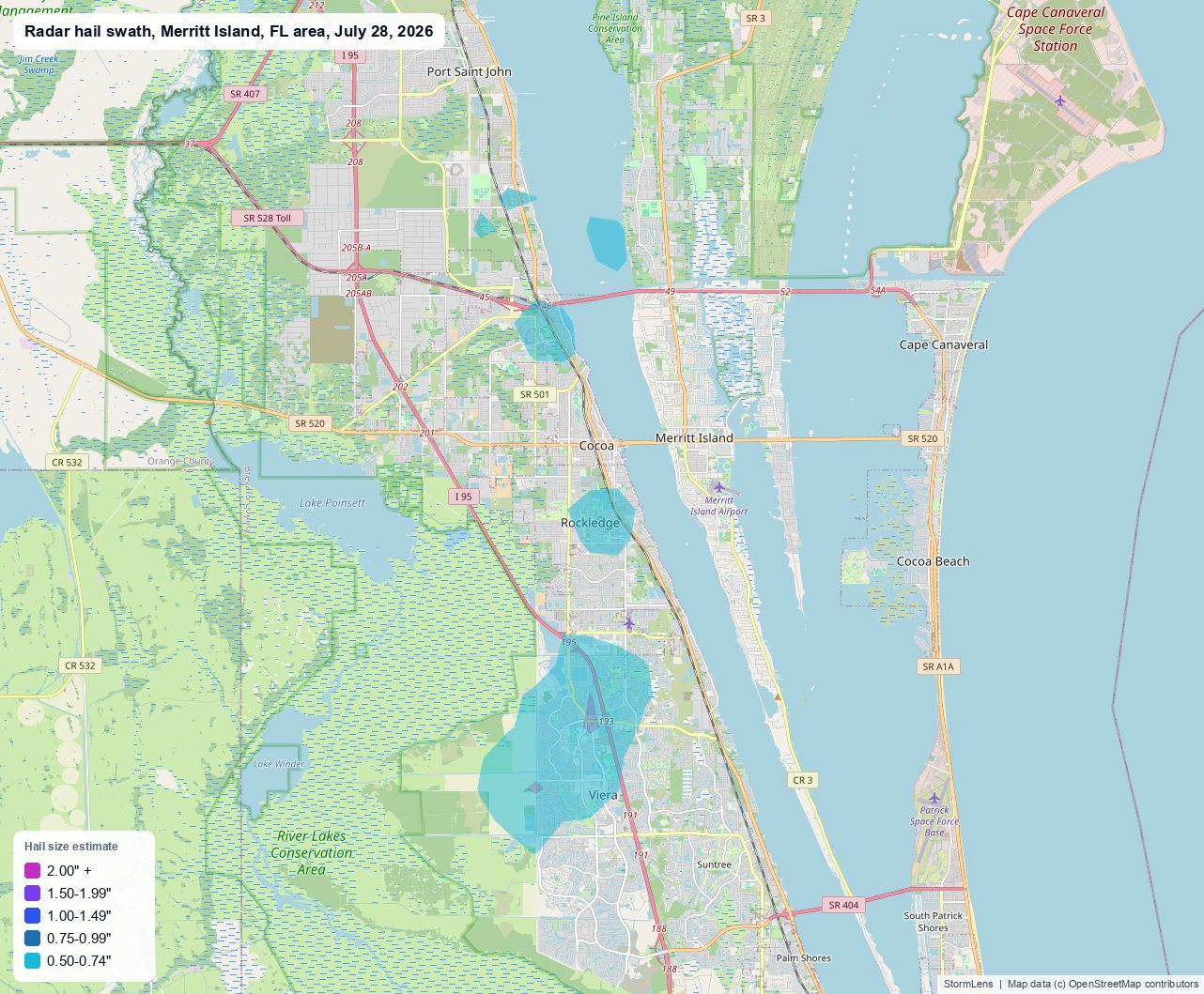 Radar-estimated hail swath near Merritt Island, FL on July 28, 2026; colors show estimated hail sizes