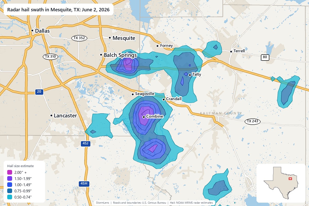 Radar-estimated hail swath in Mesquite, TX on June 2, 2026; colors show estimated hail sizes