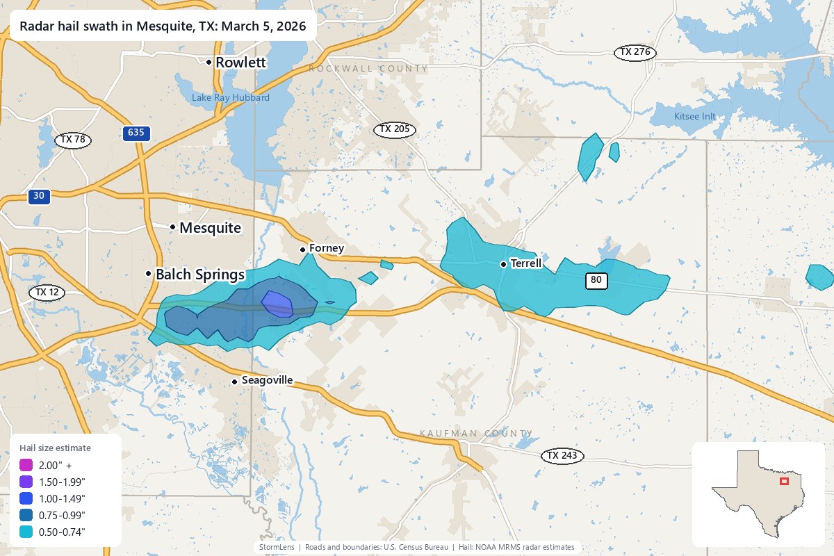 Radar-estimated hail swath in Mesquite, TX on March 5, 2026; colors show estimated hail sizes