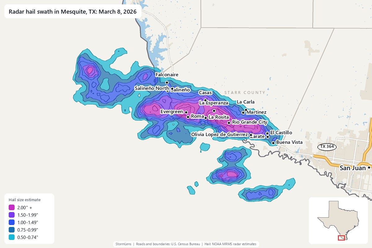 Radar-estimated hail swath in Mesquite, TX on March 8, 2026; colors show estimated hail sizes