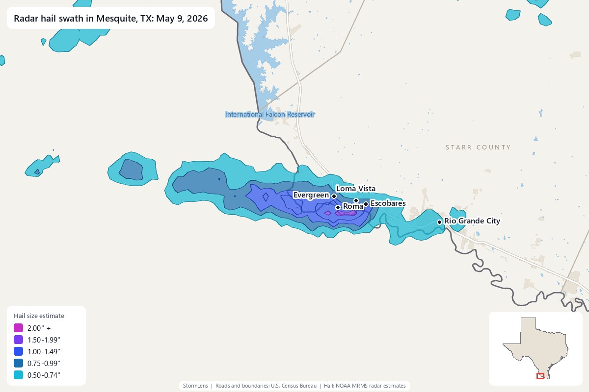 Radar-estimated hail swath in Mesquite, TX on May 9, 2026; colors show estimated hail sizes