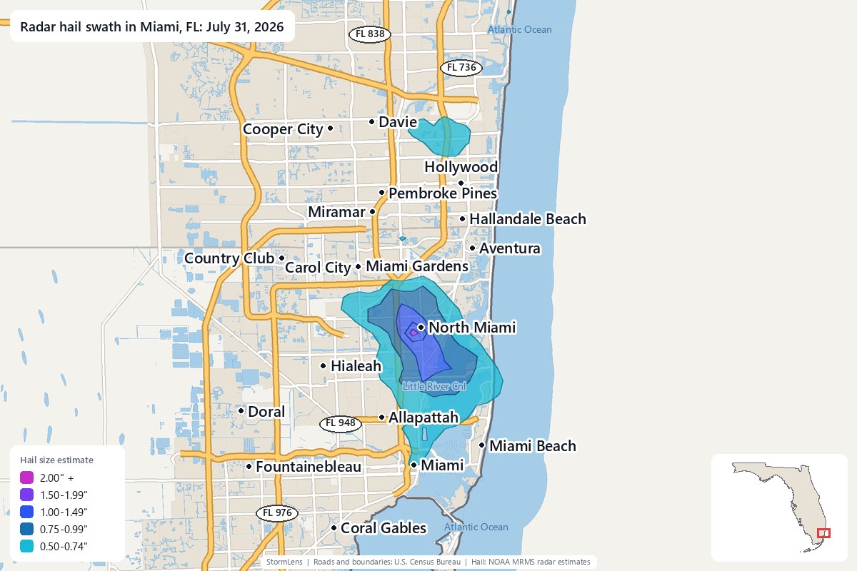 Radar-estimated hail swath in Miami, FL on July 31, 2026; colors show estimated hail sizes