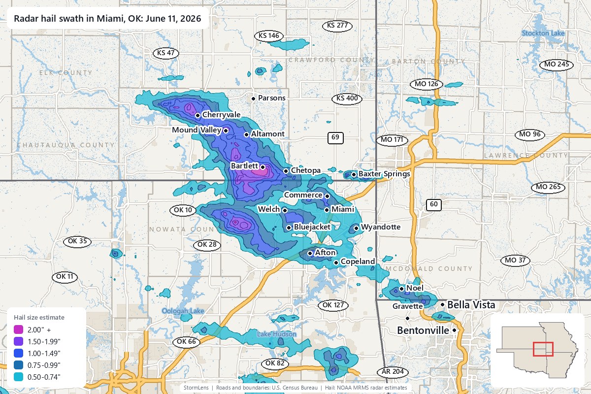 Radar-estimated hail swath in Miami, OK on June 11, 2026; colors show estimated hail sizes