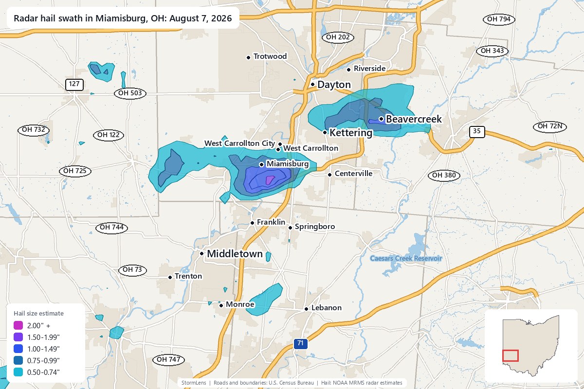 Radar-estimated hail swath in Miamisburg, OH on August 7, 2026; colors show estimated hail sizes
