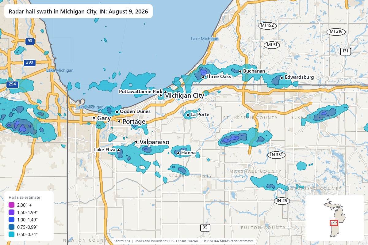 Radar-estimated hail swath in Michigan City, IN on August 9, 2026; colors show estimated hail sizes