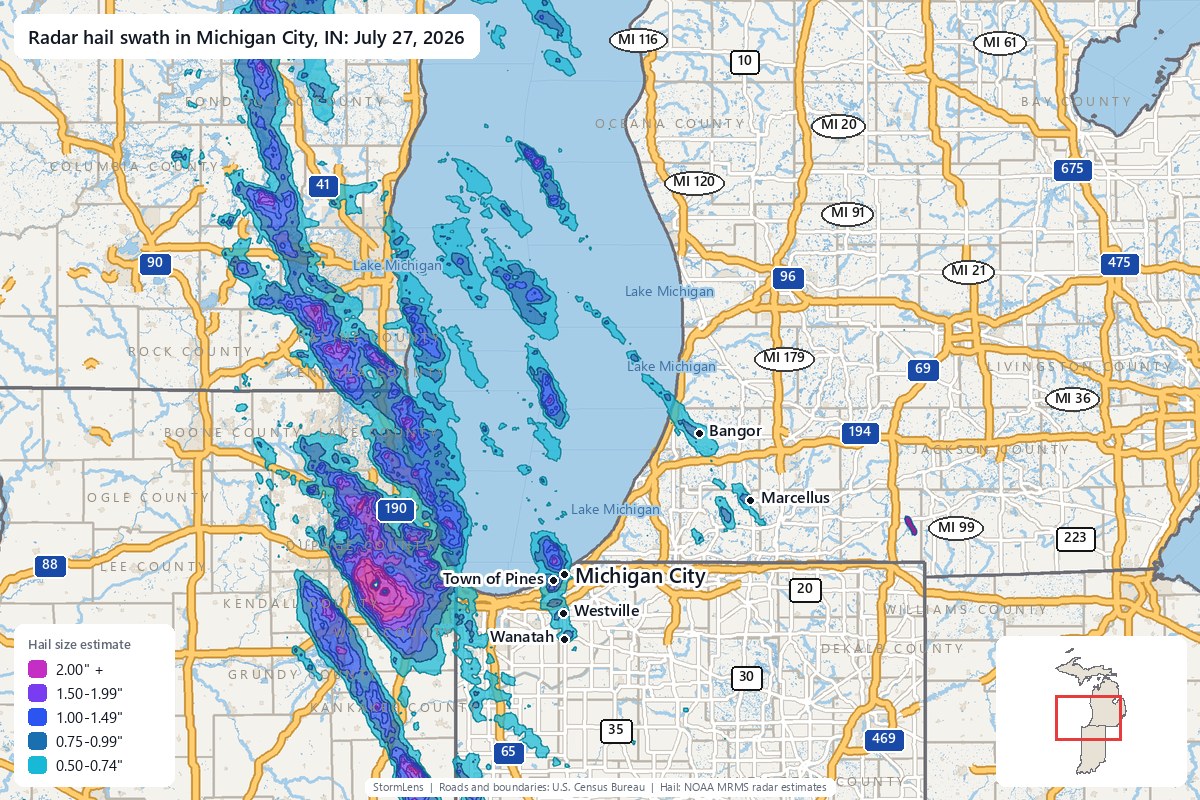 Radar-estimated hail swath in Michigan City, IN on July 27, 2026; colors show estimated hail sizes