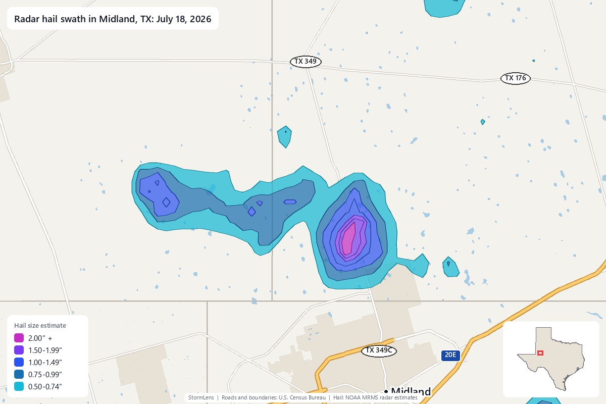 Radar-estimated hail swath in Midland, TX on July 18, 2026; colors show estimated hail sizes