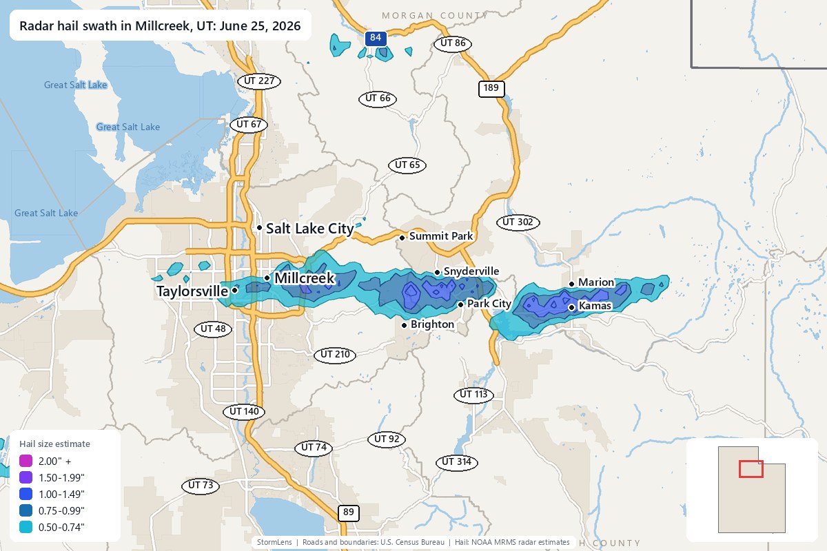 Radar-estimated hail swath in Millcreek, UT on June 25, 2026; colors show estimated hail sizes