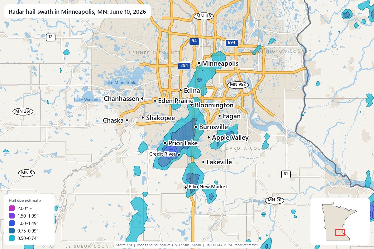 Radar-estimated hail swath in Minneapolis, MN on June 10, 2026; colors show estimated hail sizes