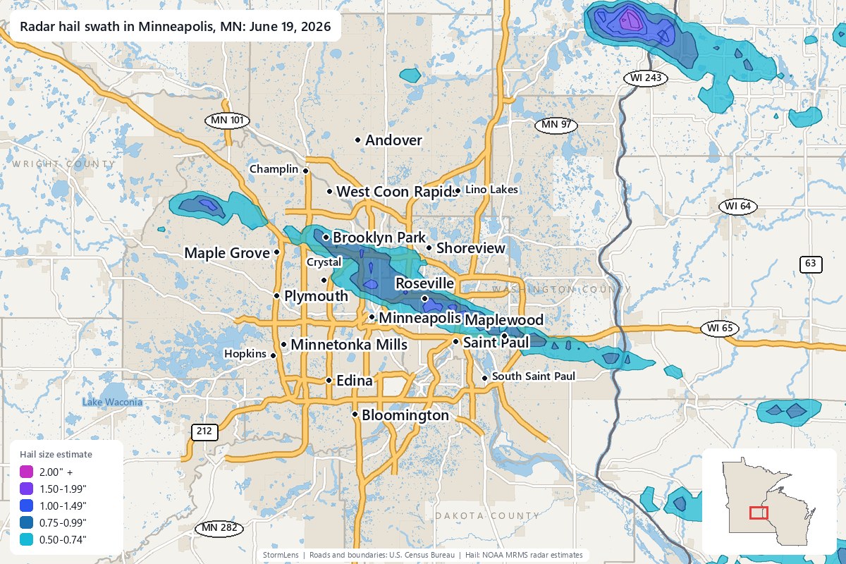 Radar-estimated hail swath in Minneapolis, MN on June 19, 2026; colors show estimated hail sizes