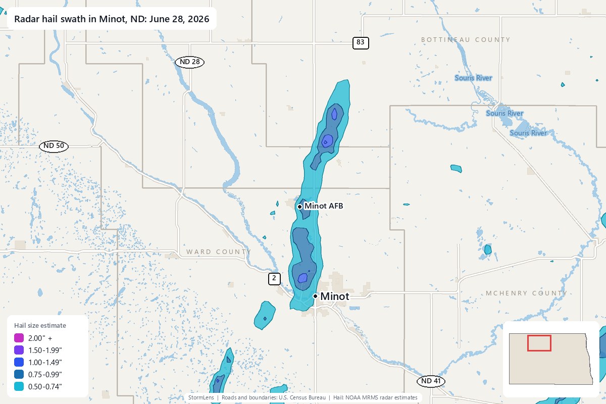 Radar-estimated hail swath in Minot, ND on June 28, 2026; colors show estimated hail sizes