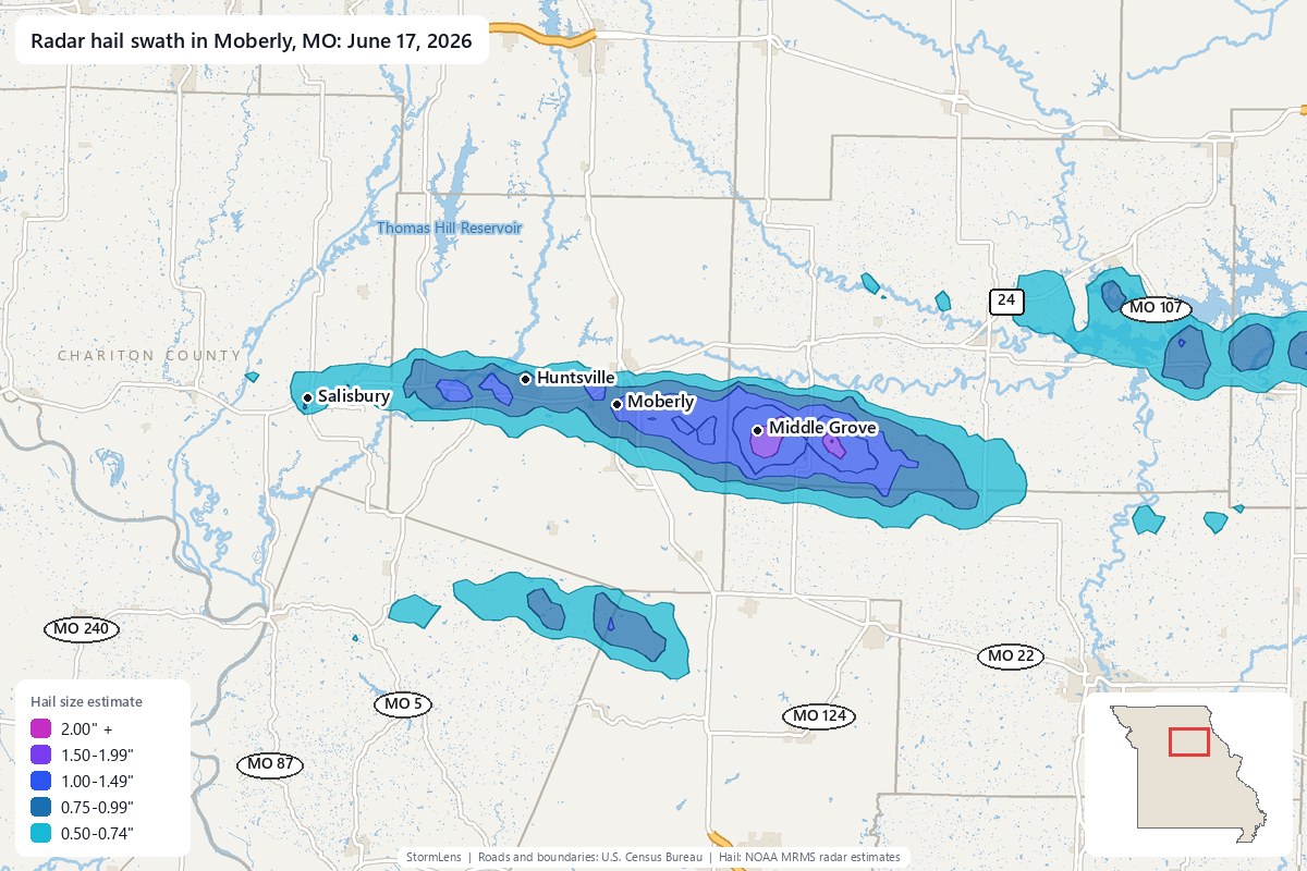 Radar-estimated hail swath in Moberly, MO on June 17, 2026; colors show estimated hail sizes