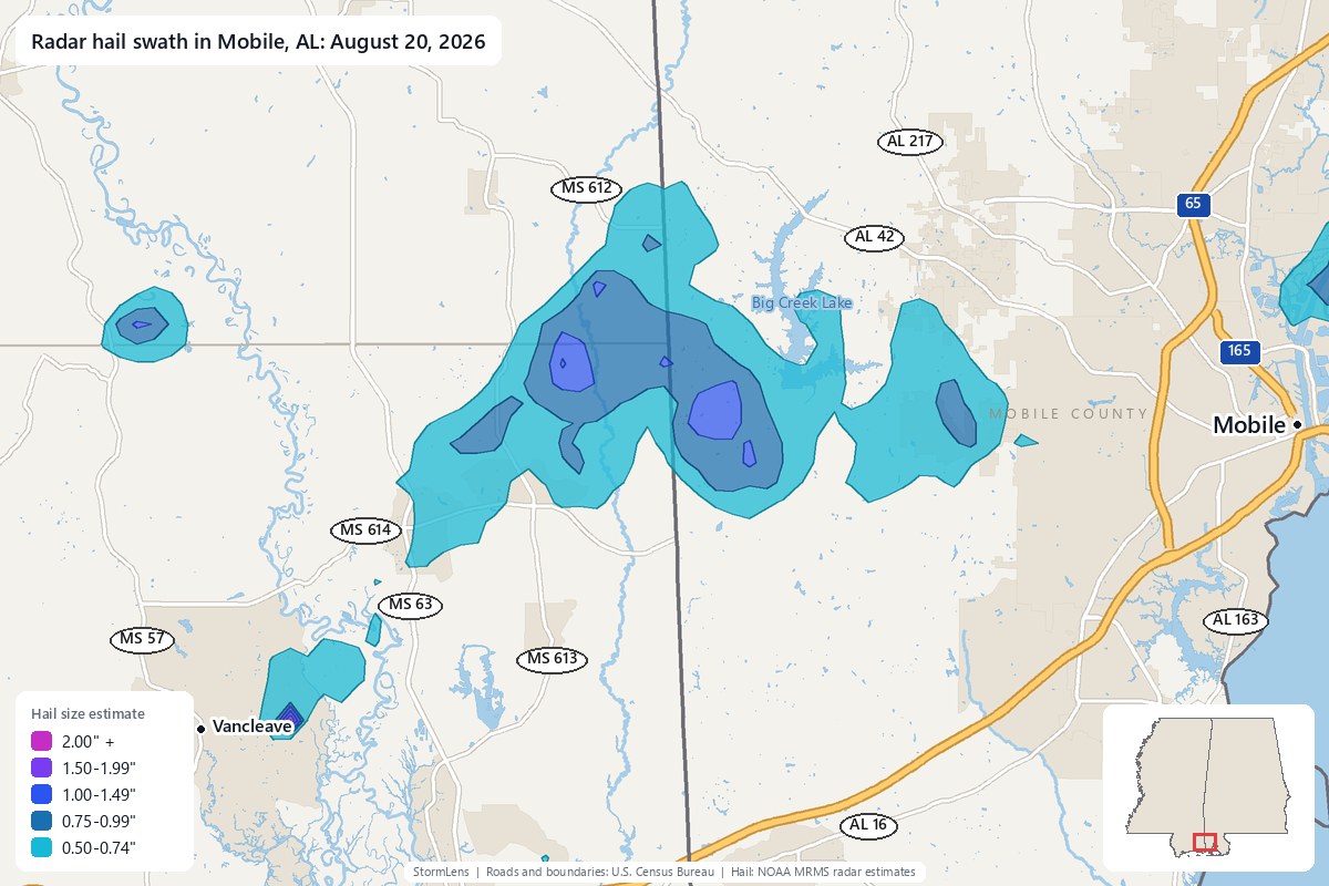 Radar-estimated hail swath in Mobile, AL on August 20, 2026; colors show estimated hail sizes