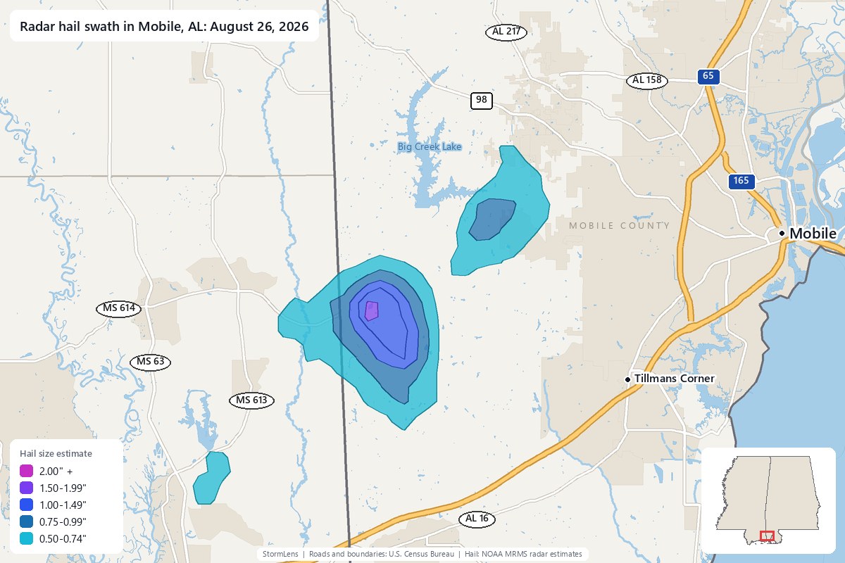 Radar-estimated hail swath in Mobile, AL on August 26, 2026; colors show estimated hail sizes