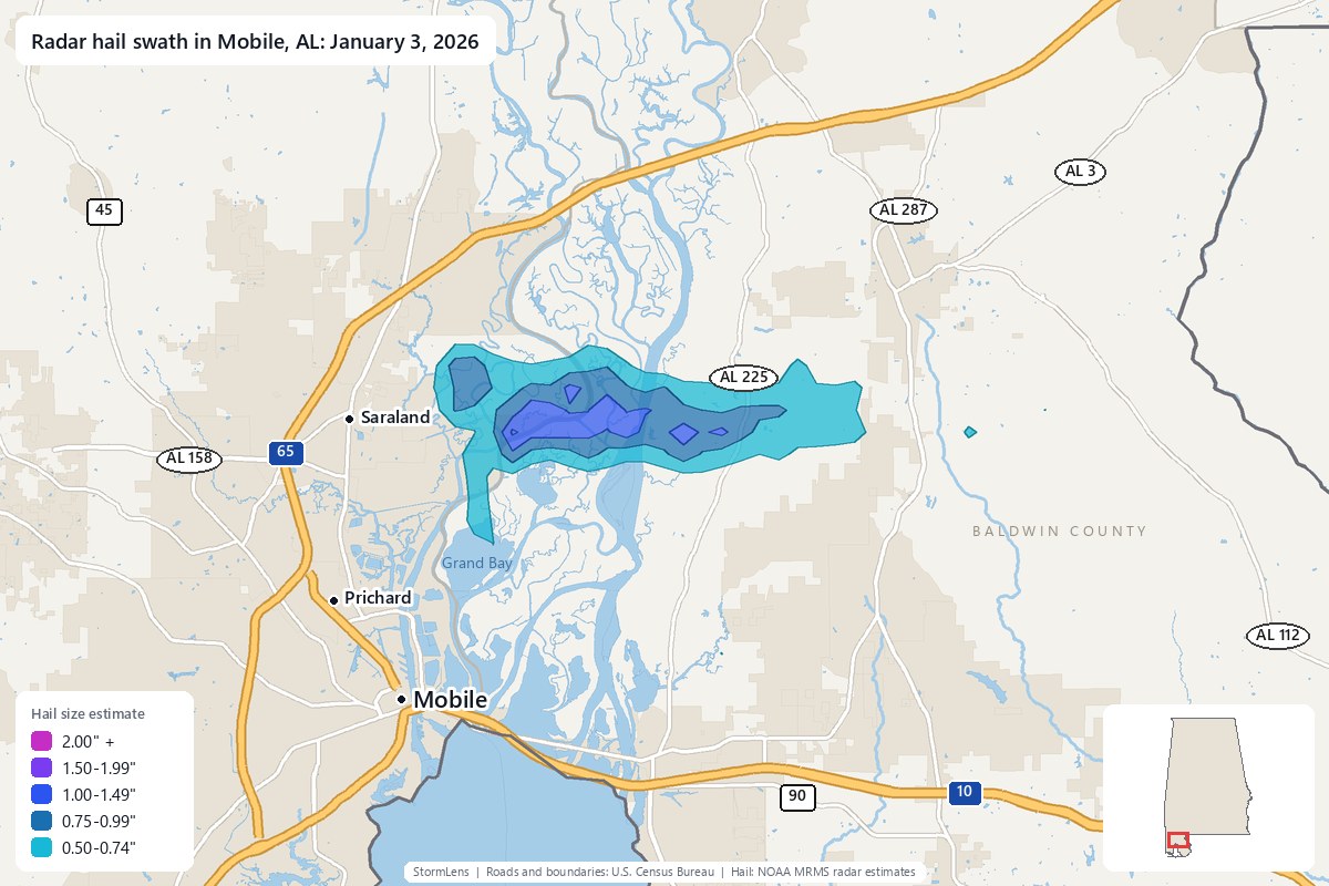 Radar-estimated hail swath in Mobile, AL on January 3, 2026; colors show estimated hail sizes