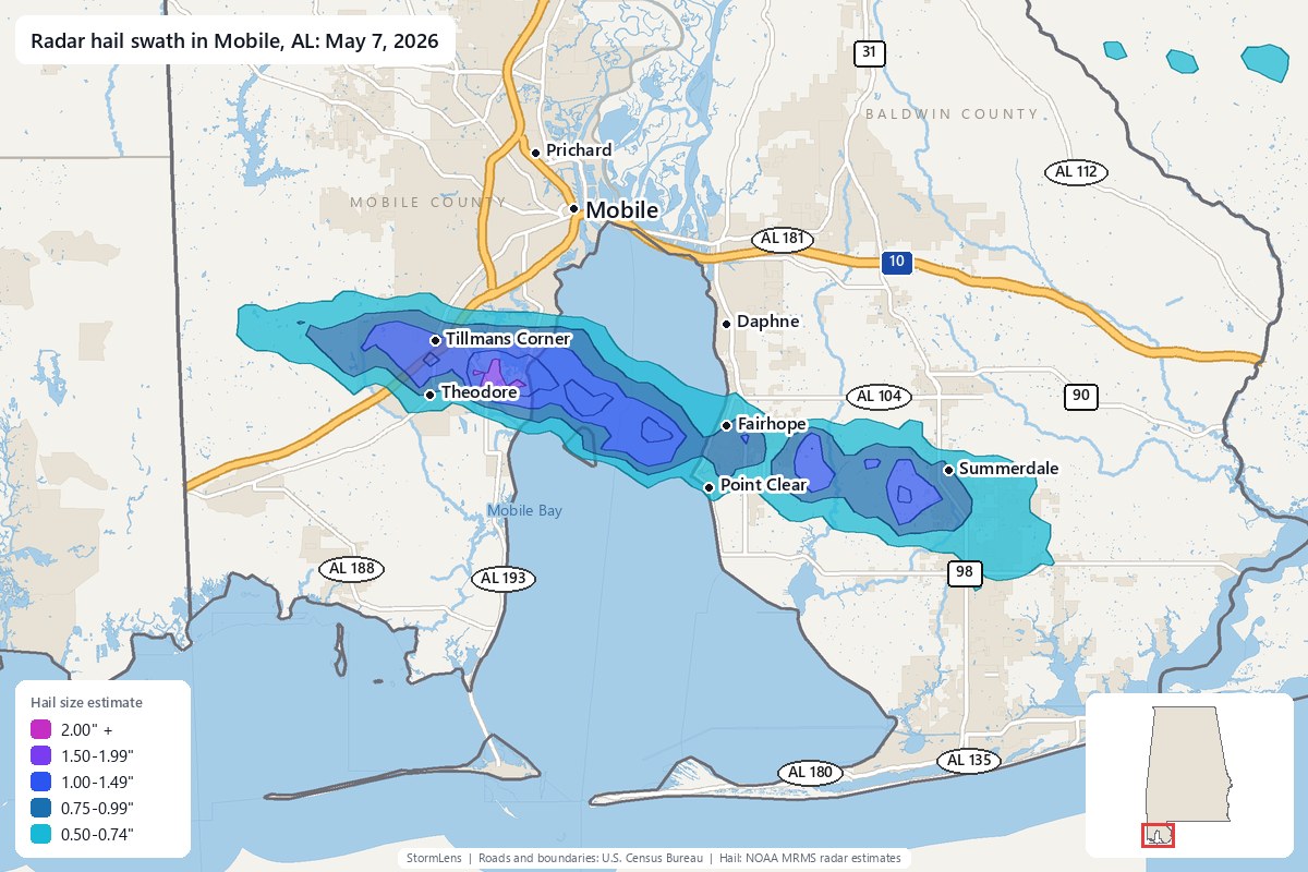 Radar-estimated hail swath in Mobile, AL on May 7, 2026; colors show estimated hail sizes