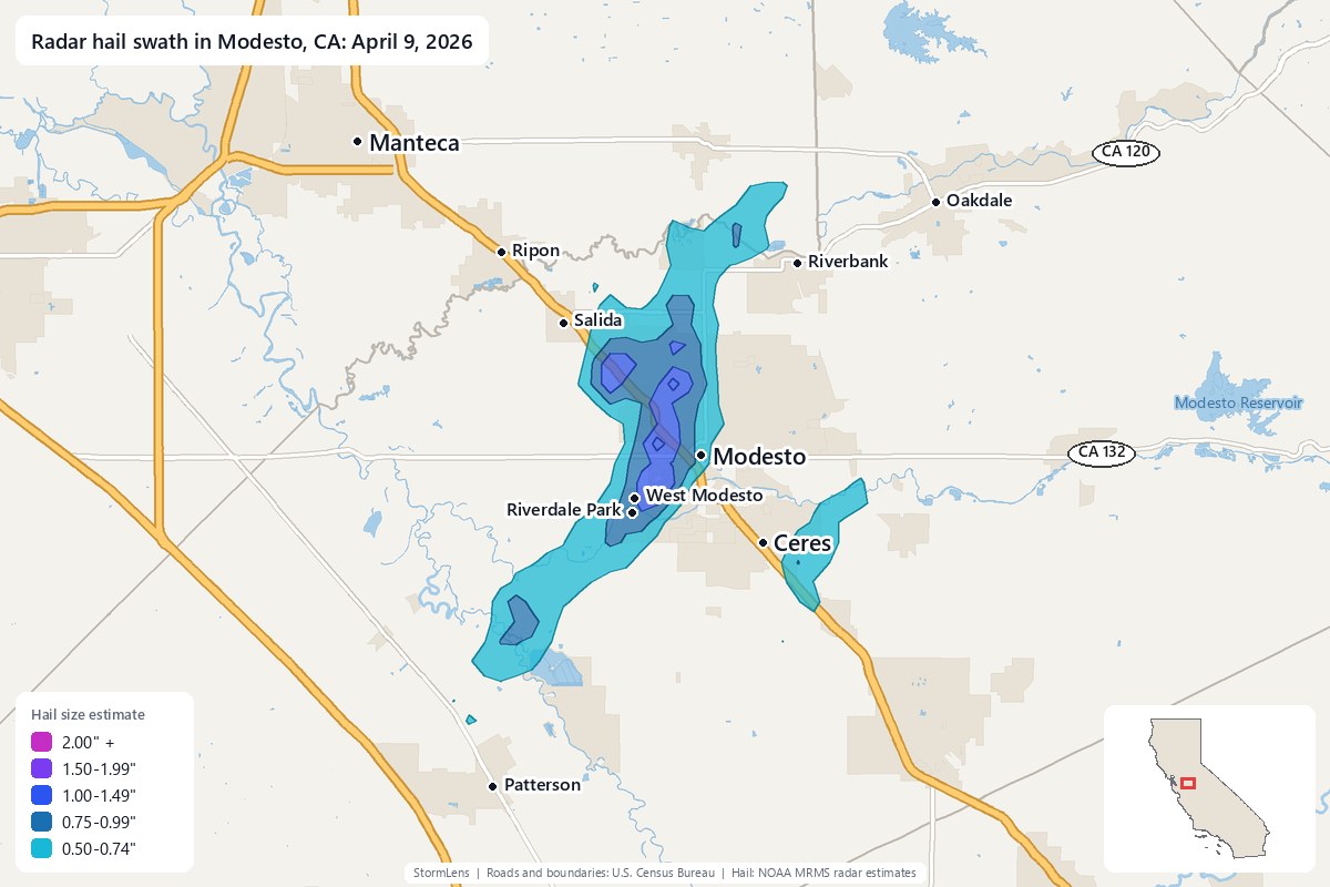 Radar-estimated hail swath in Modesto, CA on April 9, 2026; colors show estimated hail sizes