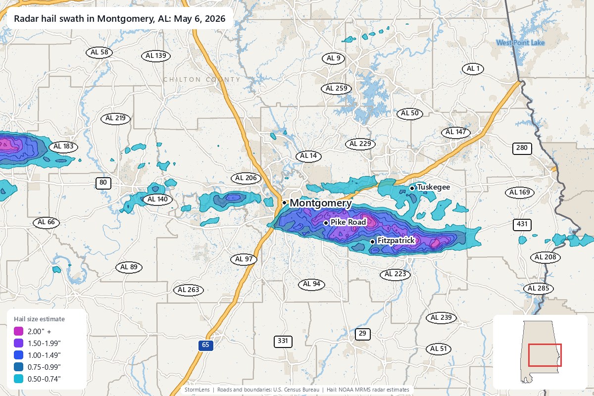 Radar-estimated hail swath in Montgomery, AL on May 6, 2026; colors show estimated hail sizes