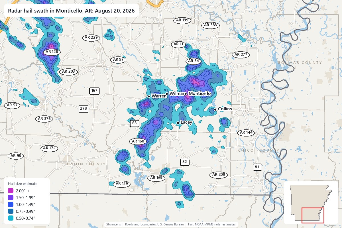 Radar-estimated hail swath in Monticello, AR on August 20, 2026; colors show estimated hail sizes